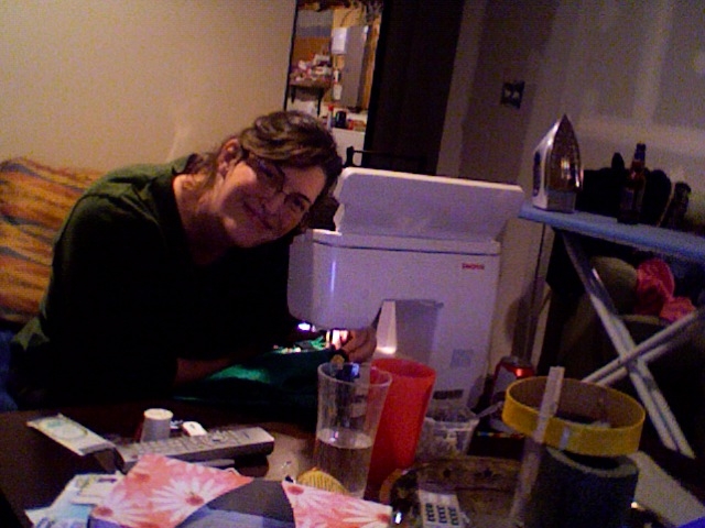 Photo 9.jpg - Sewing in the wee hours. It was a complicated costume. Taken with Photo Booth and built-in iSight, because I didn't have my camera with me.